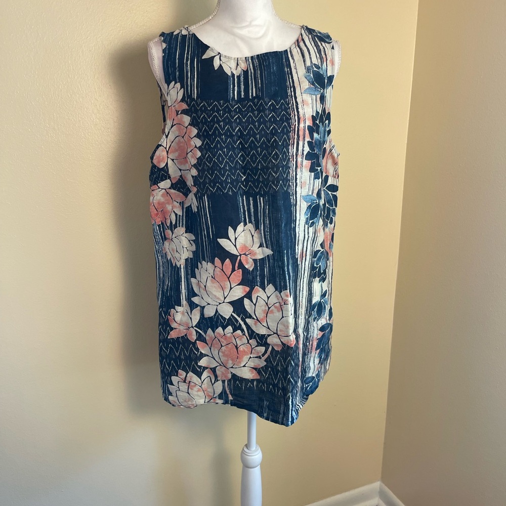 Pure Jill J Jill 100% Linen Tank Top Size L Blue Floral Sleeveless Coastal Chic